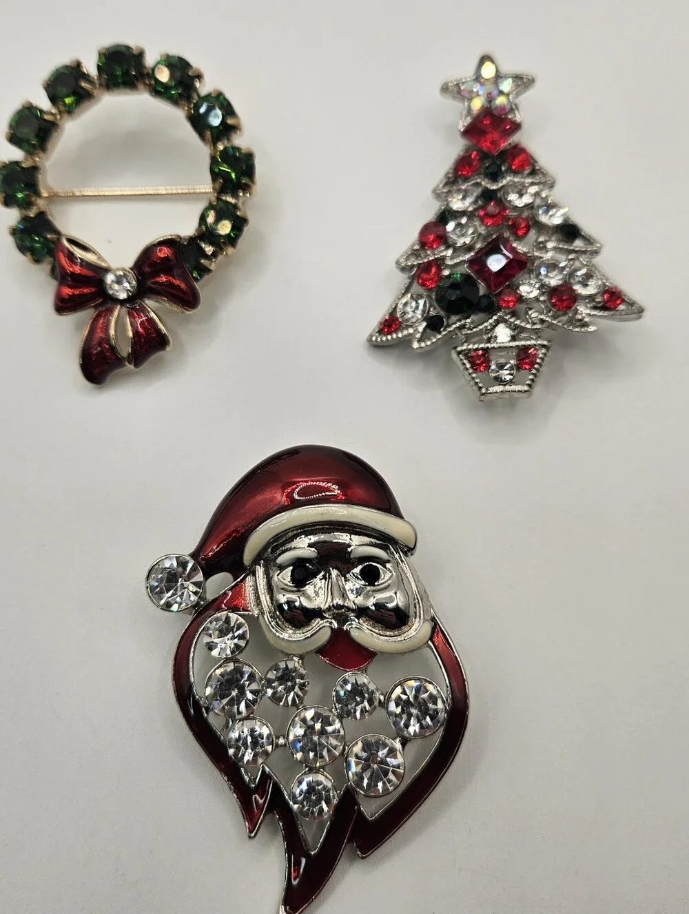 3 Vintage Christmas Brooches Pins Rhinestone Bling Lot